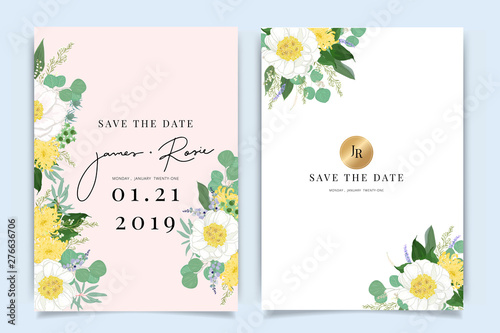 Summer Flower Wedding Invitation set, floral invite thank you, rsvp modern card Design in Pink peony and white  floral with leaf greenery  branches decorative Vector elegant rustic template