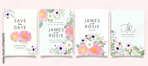 Summer Flower Wedding Invitation set, floral invite thank you, rsvp modern card Design in Pink peony and white floral with leaf greenery branches decorative Vector elegant rustic template