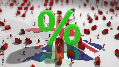 United Kingdom, UK real estate property housing market investment mortgage interest rates - Conceptual 3D illustration render