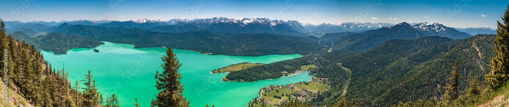 High resolution stitched panorama of beautiful alpine view at the Herzogstand summit, Walchensee with emerald-green water , Bavaria, Germany