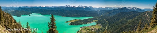 High resolution stitched panorama of beautiful alpine view at the Herzogstand summit, Walchensee with emerald-green water , Bavaria, Germany
