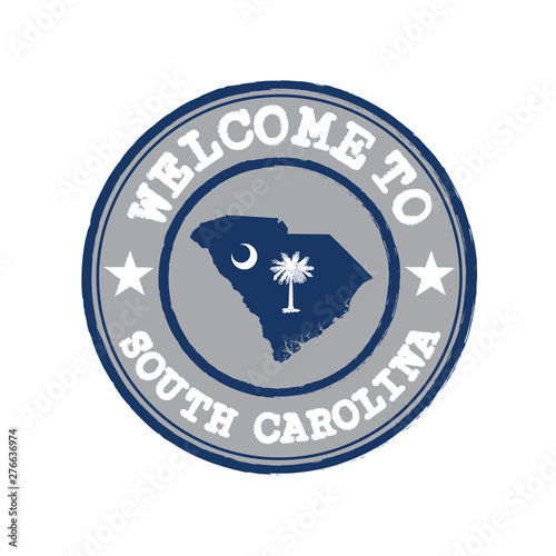 Vector Stamp of welcome to South Carolina with states flag on map outline in the center.