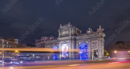 Timelapse of Puerta de Alcalá Landmark during night, Christmas lights.