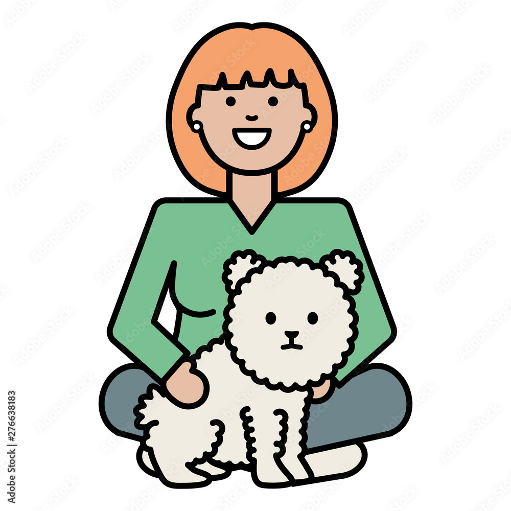 young woman with little dog adorable mascot young woman with little dog adorable mascot