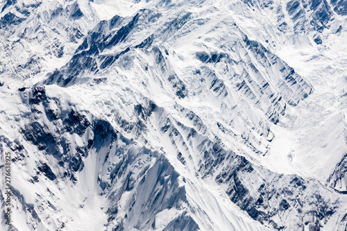 Aerial view of Karakoram or Karakorum mountains spanning the borders of Pakistan, India, and China.