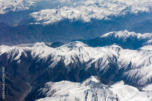 Aerial view of central Karakoram or Karakorum range in Pakistan, second highest mountain range in the world, with snowcapped mountains, peaks, valleys & glaciers. © NG-Spacetime