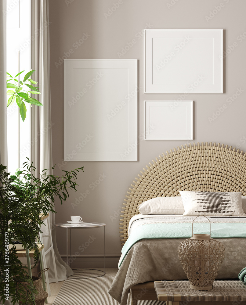 Mockup poster in bedroom, Scandinavian style, 3d rendering - obrazy, fototapety, plakaty 