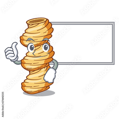 Thumbs up with board cellentani pasta isolated in the mascot