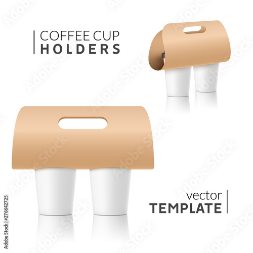 Coffee cup holder paper design. Beverage drink handle mockup. Cardboard coffee cup holder takeaway