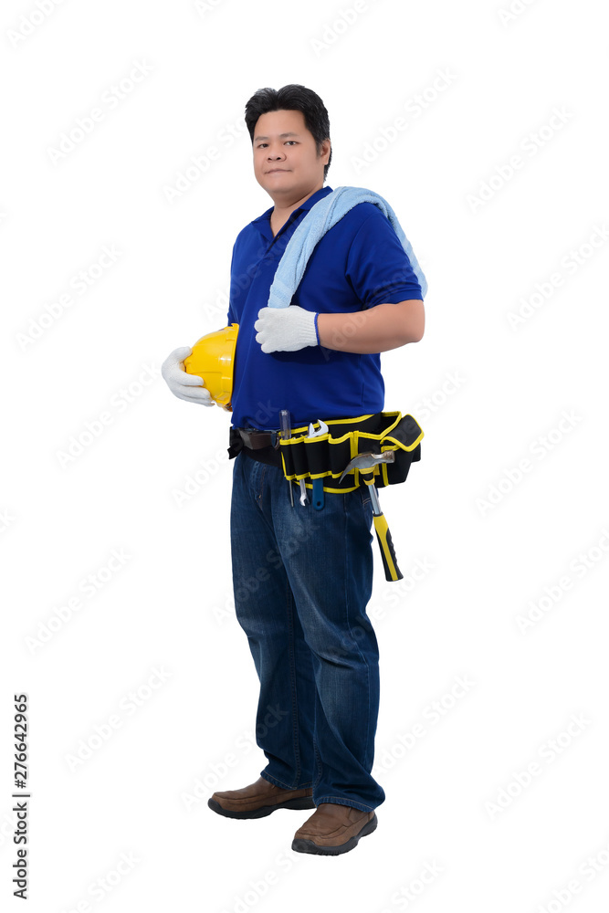 construction man workers in blue shirt with Protective gloves, helmet with tool belt isolated on white construction man workers in blue shirt with Protective gloves, helmet with tool belt isolated on white