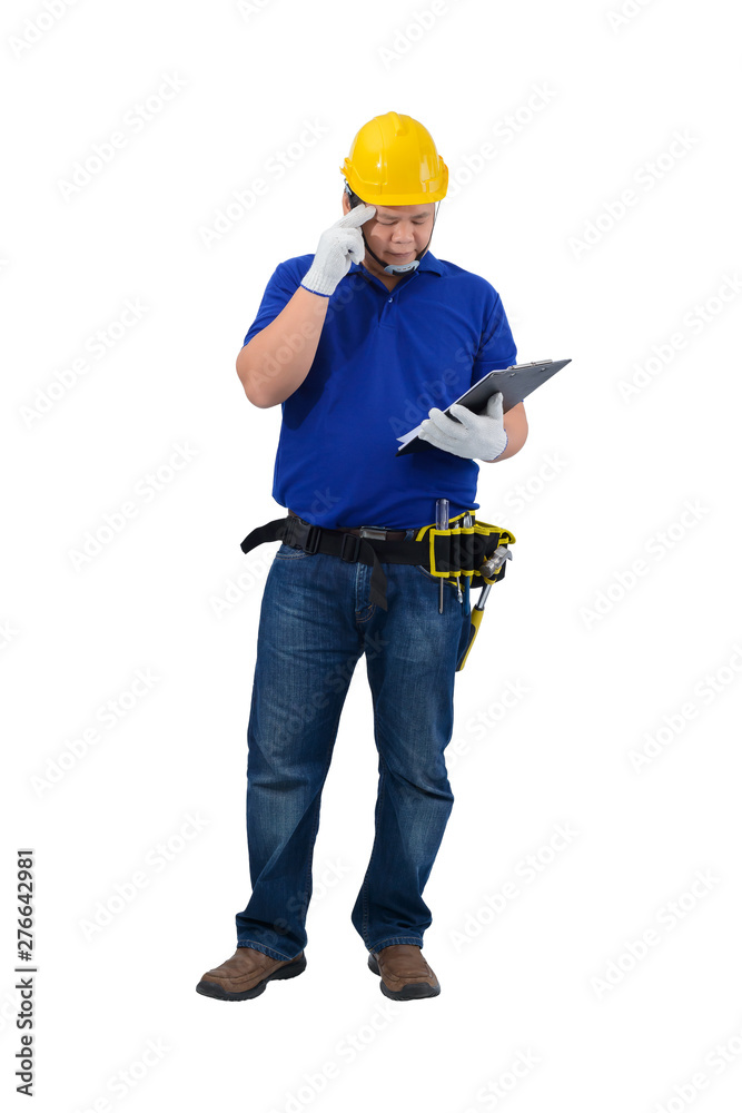 construction foreman in blue shirt with Protective gloves, helmet with tool belt hand holding clipboard and check the work list isolated on white construction foreman in blue shirt with Protective gloves, helmet with tool belt hand holding clipboard and check the work list isolated on white