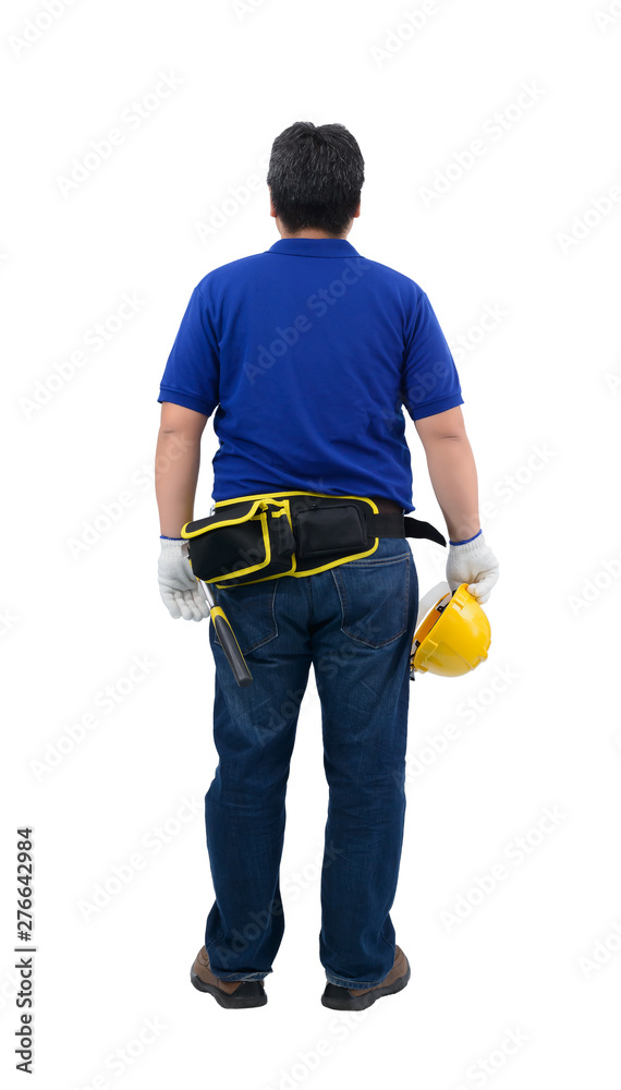 construction man workers in blue shirt with Protective gloves, helmet with tool belt isolated on white construction man workers in blue shirt with Protective gloves, helmet with tool belt isolated on white