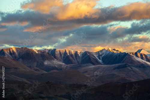 Himalayan mountain landscape along Leh to Manali highway during sunrise. Rocky mountains in Indian Himalayas  India