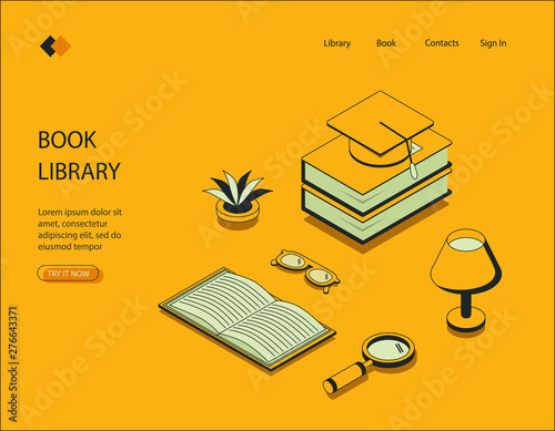 Isometric image on yellow background of book library. Visualization of books with a student hat, a table lamp illuminates the hall, glasses with a magnifying glass for searching. Vector illustration.