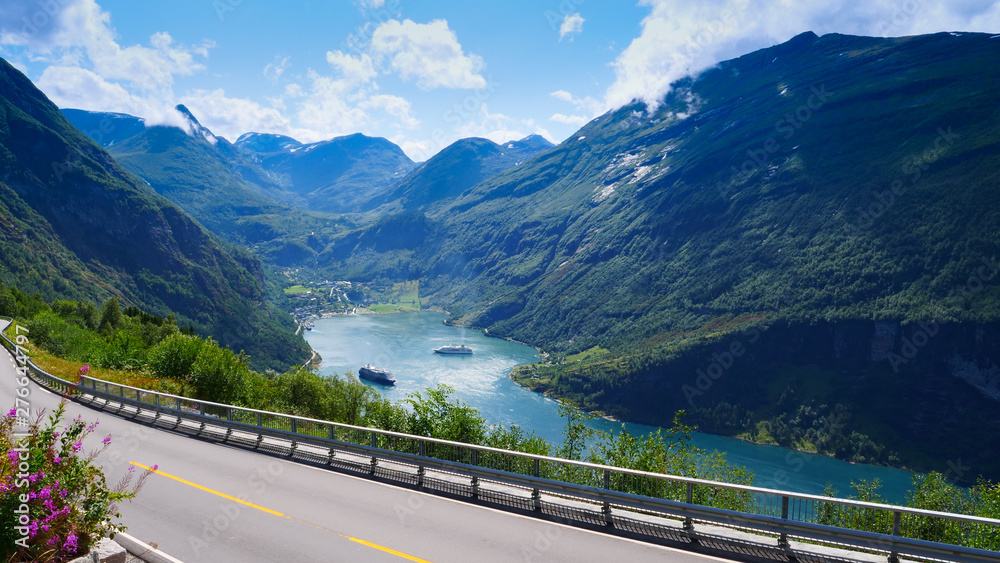 Fototapeta premium Fjord Geirangerfjord with ferry boat, Norway.