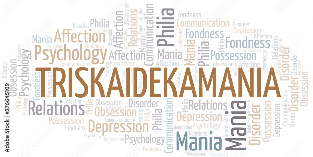 Triskaidekamania word cloud. Type of mania, made with text only.