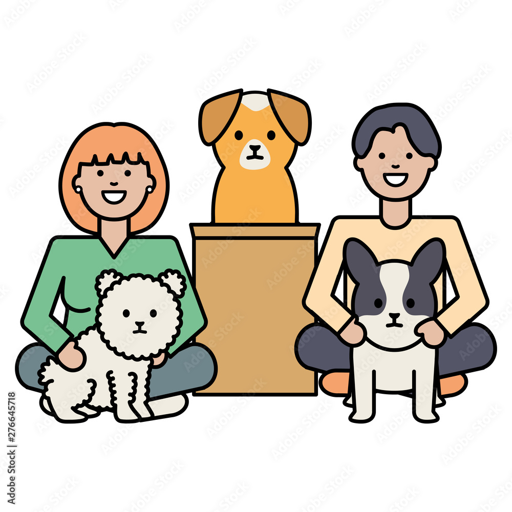 young couple with dogs adorables mascots young couple with dogs adorables mascots