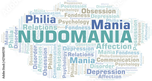 Nudomania word cloud. Type of mania, made with text only.