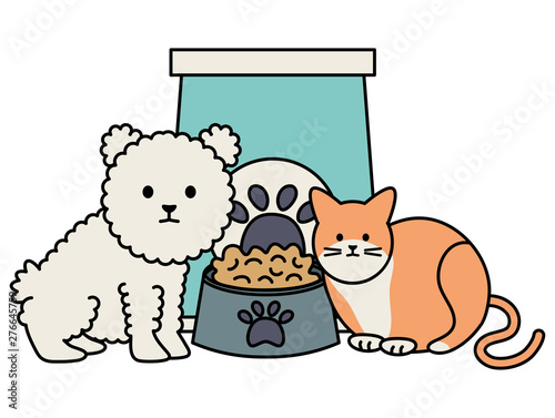 cute cat and dog mascots with food bag and dish