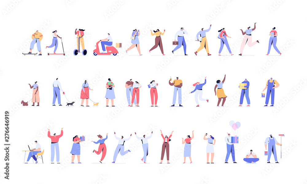 Men and women kit. Young people vector set. Crowd. Different people. Flat vector characters isolated on white background.	