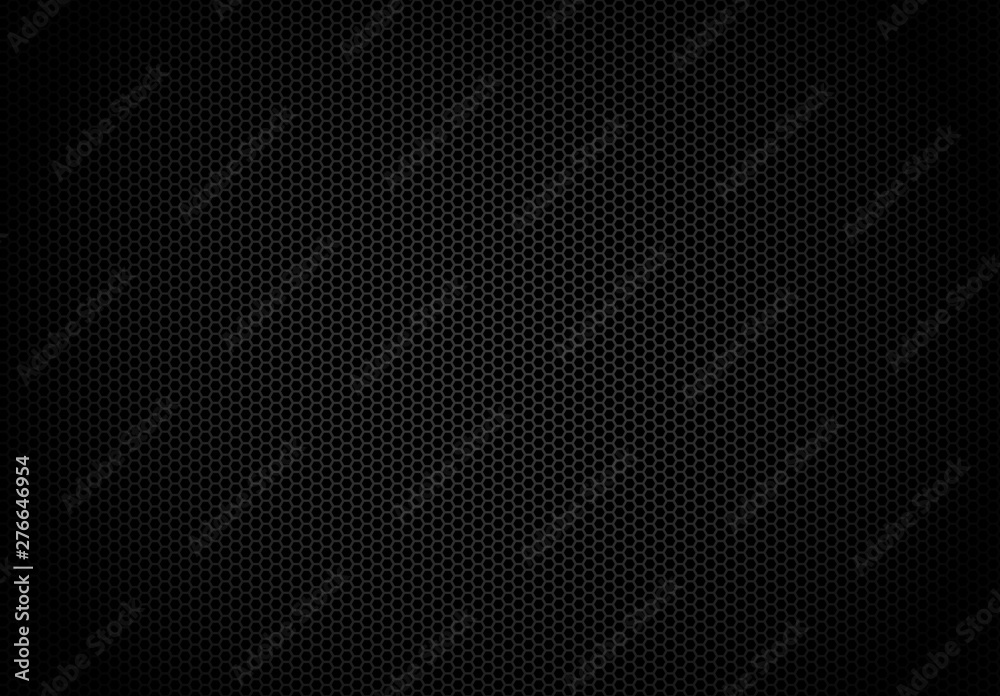 Hexagon dark background. Black honeycomb abstract metal grid pattern technology wallpaper Stock