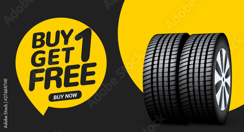 Car tire sale banner, buy 1 get 1 free. Car tyre service flyer promo background. Tire sale advertising