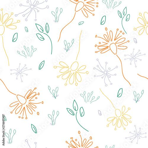 Dainty line drawn flower repeat pattern. This would be so cute on linens and fabric. It would make pretty picnic tableware and paper products.