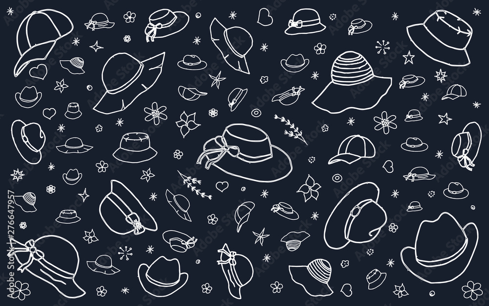 Doodle sketch hats and Caps.Hand drawn vector illustration isolated on