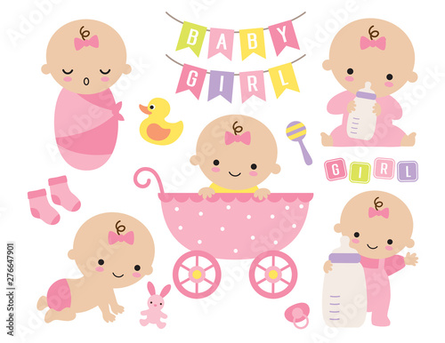 Vector illustration of pink baby girl set. Cute baby girl in a stroller with toys and accessories.