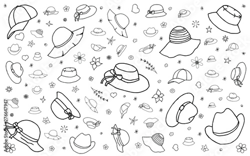 Doodle sketch hats and Caps.Hand drawn vector illustration isolated on white backdrop.Can be used as decoration for wrapping paper,wallpapers,backdrop,print,manufacturing decor,coloring book template