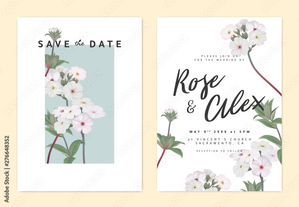 Botanical wedding invitation card template design, Woolly rock jasmine flowers in blue rectangle on white background, pastel vintage theme