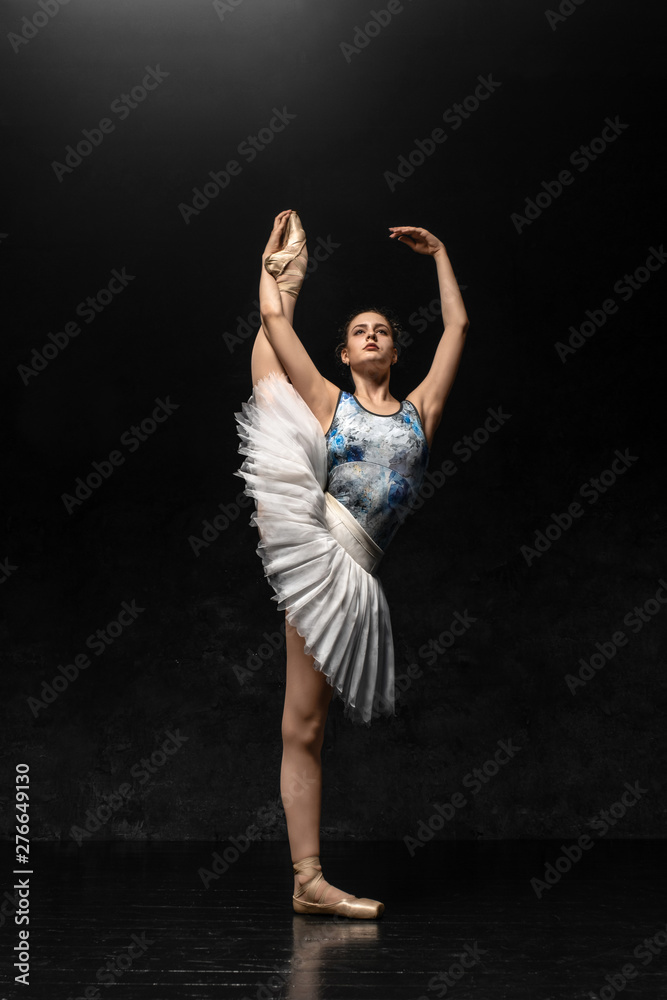 Ballerina. A young graceful ballerina dressed in professional attire, pointe shoes with ribbons and a white tutu, demonstrates dance skills. Beautiful classic ballet. Volumetric photos 3D. Ballerina. A young graceful ballerina dressed in professional attire, pointe shoes with ribbons and a white tutu, demonstrates dance skills. Beautiful classic ballet. Volumetric photos 3D.