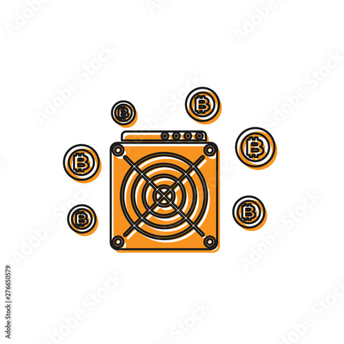 Orange ASIC Miner icon isolated on white background. Cryptocurrency mining equipment and hardware. Application specific integrated circuit. Vector Illustration