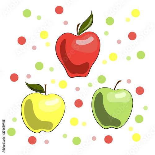 A vivid illustration of apples: red, yellow and green. Ripe juicy fruit. Summer. Image for your decor and design. Healthy food. Proper nutrition. Vegan. Vegetarian.