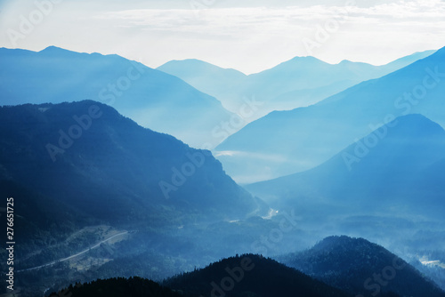 Panorama of mountains in the morning at sunrise