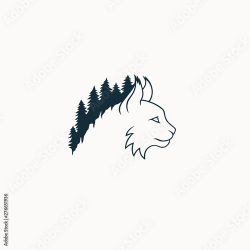 Lynx flat logo with forest vector illustration