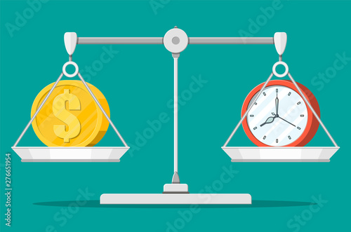 Clock and money on balance scales. Annual revenue, financial investment, savings, bank deposit, future income, money benefit. Time is money concept. Vector illustration in flat style