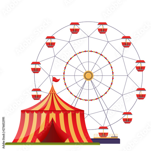 Flat design template with ferris wheel and circus tent.