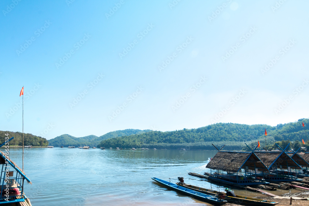 Bamboo raft floating on lake in summer,Travel on Summer in Thailand