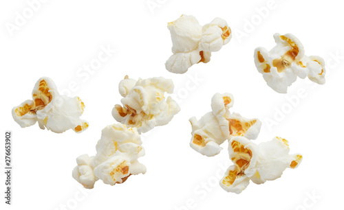 Falling popcorn, isolated on white background