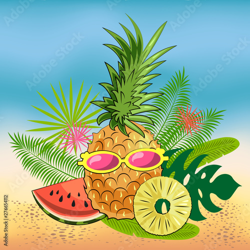 Summer set: juicy fruit pineapple, pineapple pieces, summer inscription, hearts. Isolated objects on white background. Image in yellow and green colors for your decor and design. Poster. Postcard.