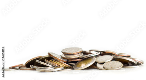 Pile of coins on white background. selective focus. Saving coins money concept