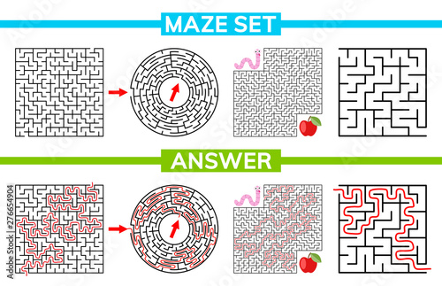 Maze, labyrinth conundrum for kids. Maze set, collection labyrinth. Children puzzle game. Vector stock illustration