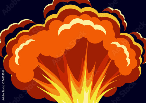 Cartoon vector bomb explosion with smoke. Cartoon style effect boom, explosion flash, bomb comic. Explosion with fire and cloud.