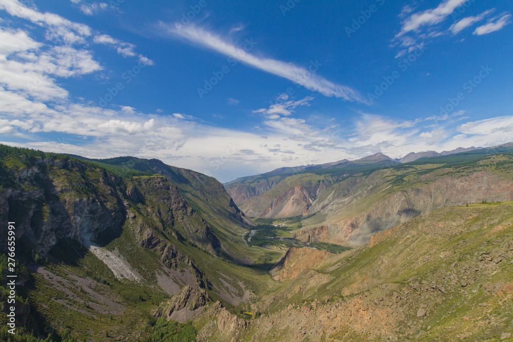 Naklejka premium Valley of the river, top view. Altay mountains. Summer sunny day.