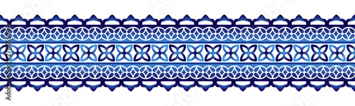 Ceramic tile border pattern. Islamic, indian, arabic motifs. Damask border seamless pattern. Porcelain ethnic bohemian background.