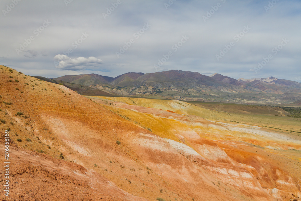 Red mountains in Kyzyl-Chin valley in Altay. Beautiful landscape. Summer concept.