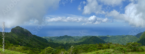 Panorama of the Caribbean ocean and the mountains of Pelée of Martinique island