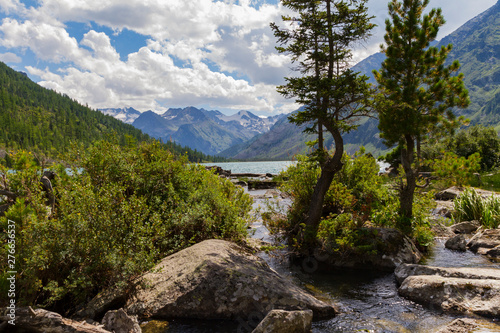 Multinsky lakes in Altai mountains. Picturesque ston landscape with pine trees on the shore.