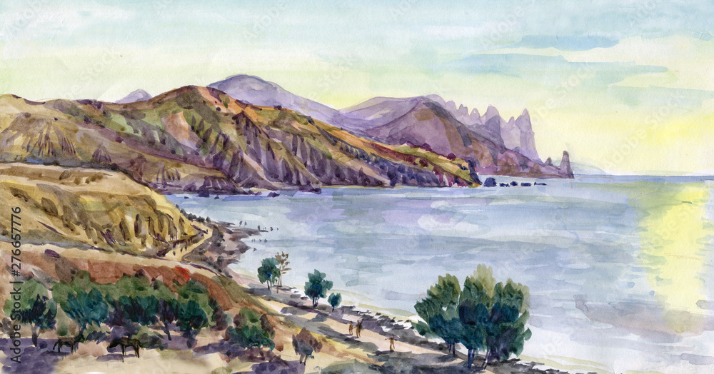 bay with mountains watercolor painting